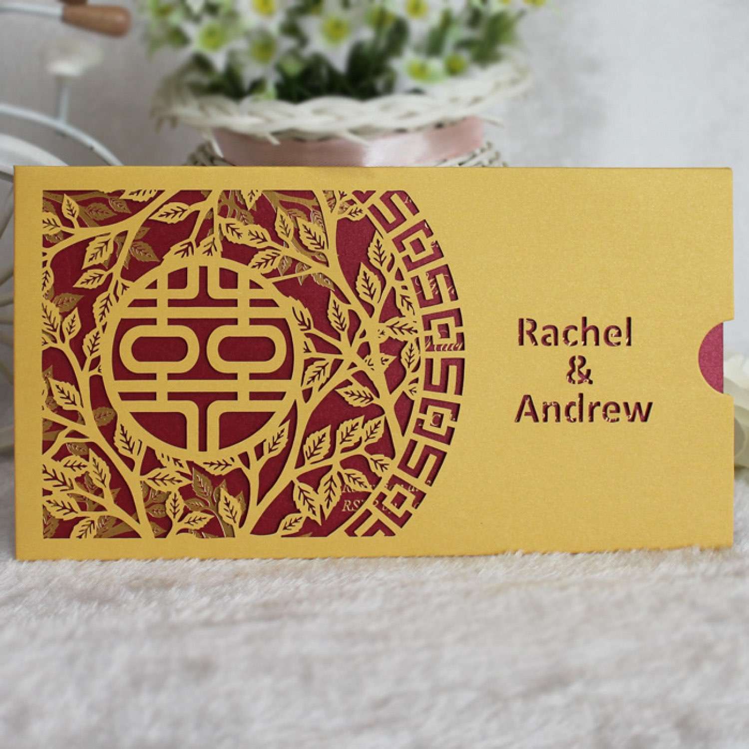 Wedding Invitation Card Chinese Style Marriage Invitation with Laser Pocket